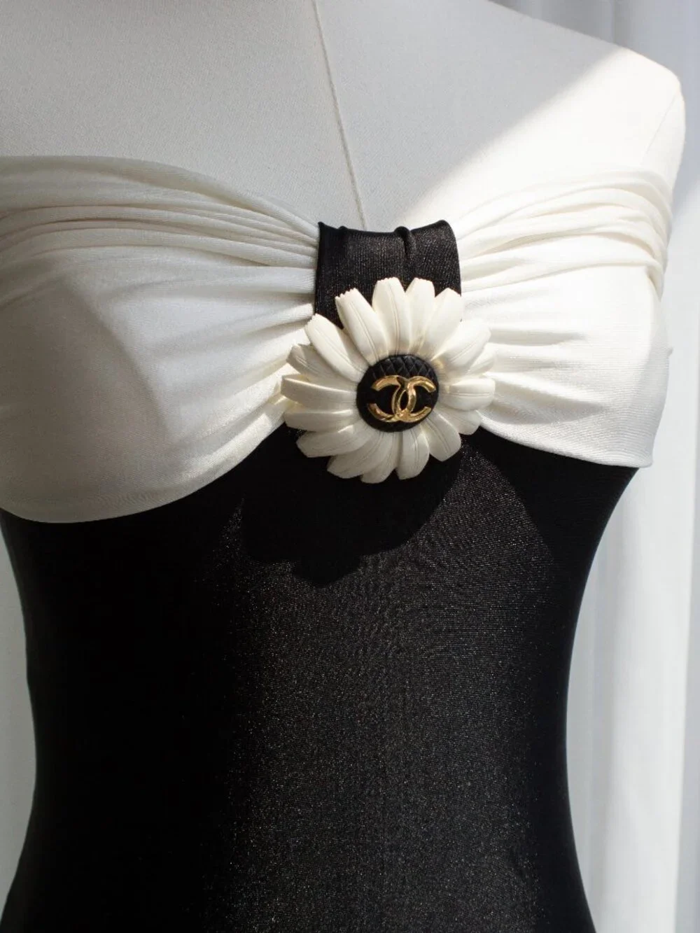 Chanel Vintage S/S 1990 Black White Flower Bodysuit Onepiece Swimsuit